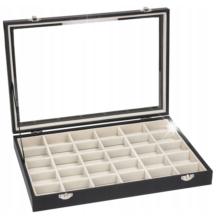 Cutie organizatoare bijuterii, Korbi, 30 compartimente, sticla, 35x24x5cm