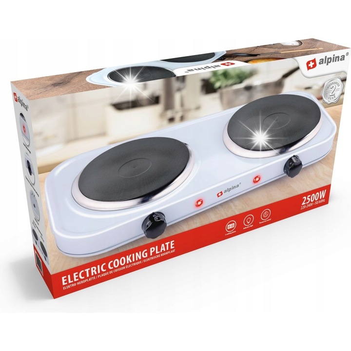 Plita electrica portabila cu doua arzatoare ALPINA 2500W, alb, 48x25cm