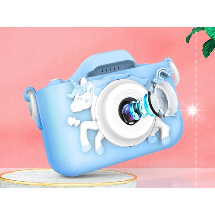 Aparat foto digital pentru copii, unicorn, 4x zoom, albastru, 9x6x5cm, set cu card MicroSD 8GB