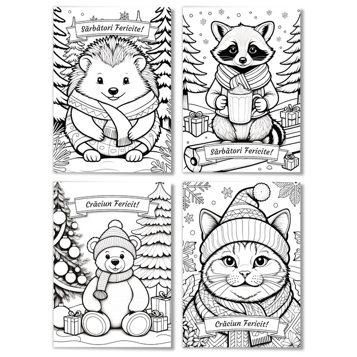Set 4 Felicitari de Colorat de Craciun – duble, Cu plicuri, Ilustratii Craciun cu Animale, 100 x 140 mm