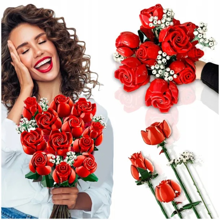 Set de constructie, Pixel, buchet de flori, 12 trandafiri rosii, 822 piese