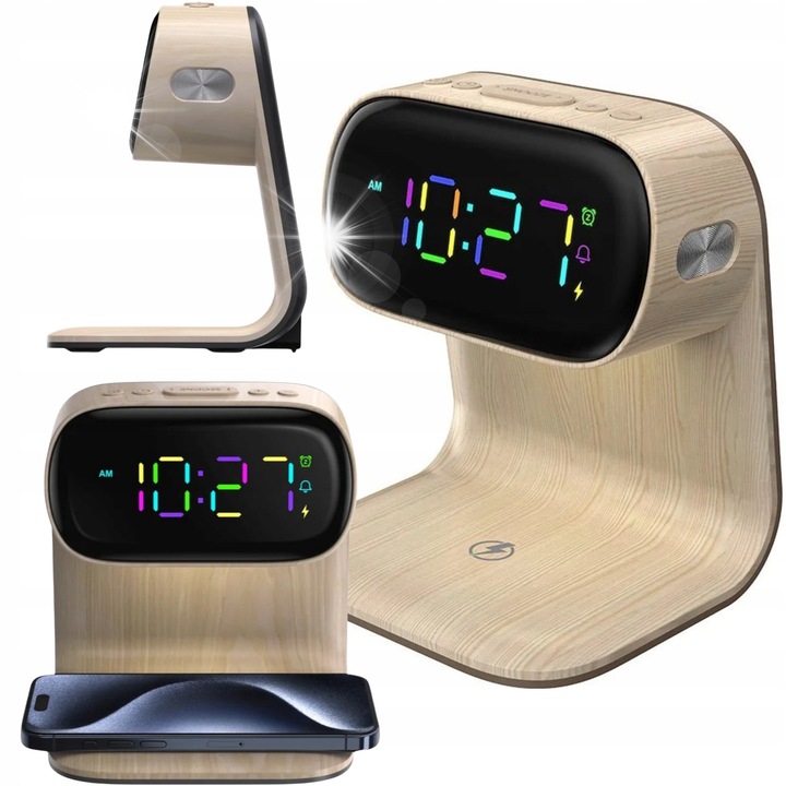Lampa LED de birou 3 in 1, incarcator wireless Qi 15W, ceas cu alarma, imitatie lemn, 14,2x12x16,5cm