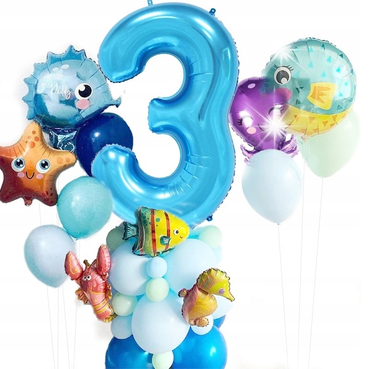 Óceán lufi szett 3-as számmal, 44 darab, különböző kék árnyalatok, latex és fólia