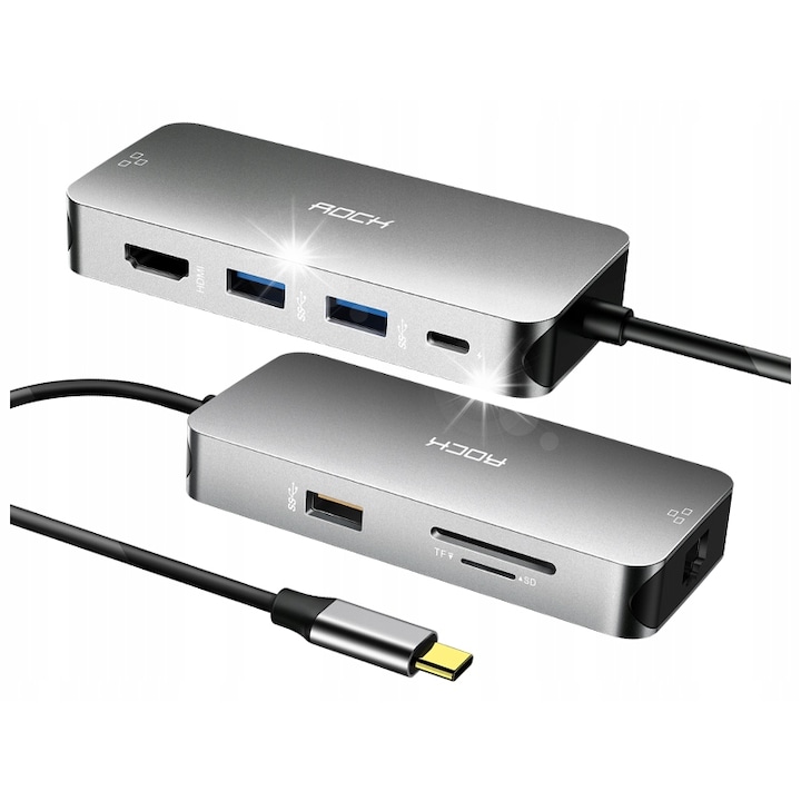 HUB адаптер USB-C ROCK 8W1, 3x USB 3.0, HDMI 4K, RJ45 Gigabit Ethernet, 87W