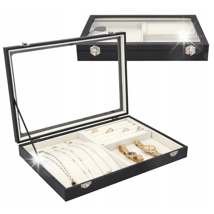 Cutie bijuterii Korbi, eleganta, cu 10 carlige pentru bratari, 6 role pentru inele, 35x24x5cm