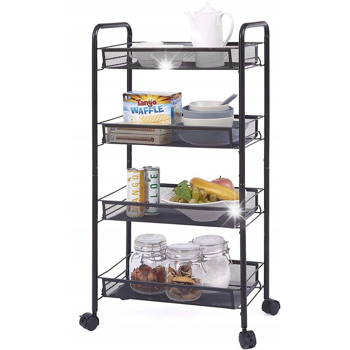 Gurulós mobil polc, Korbi, 4 szintes, fekete fém, 26x44x82cm