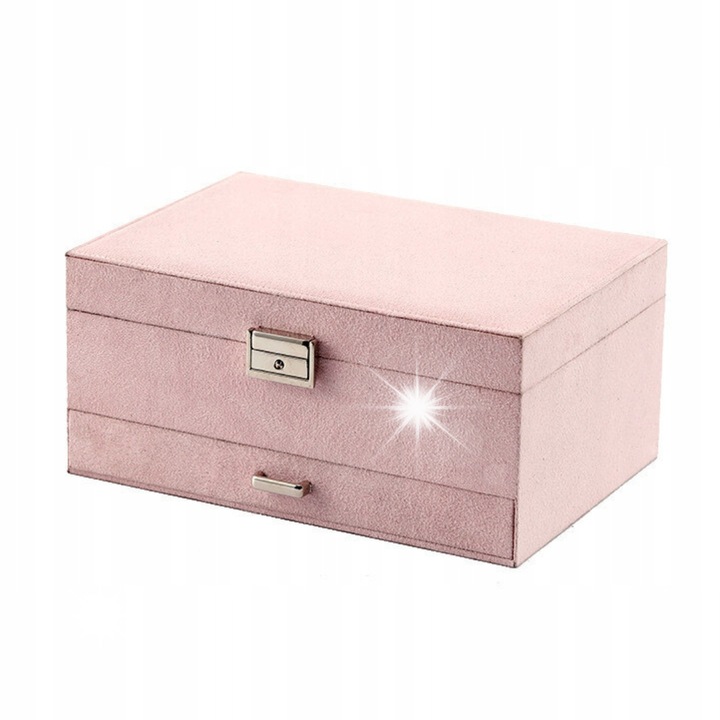 Cutie bijuterii Korbi, pudra roz, 24,5x17,5x11,5cm, cu inchidere pe cheie, compartimente reglabile