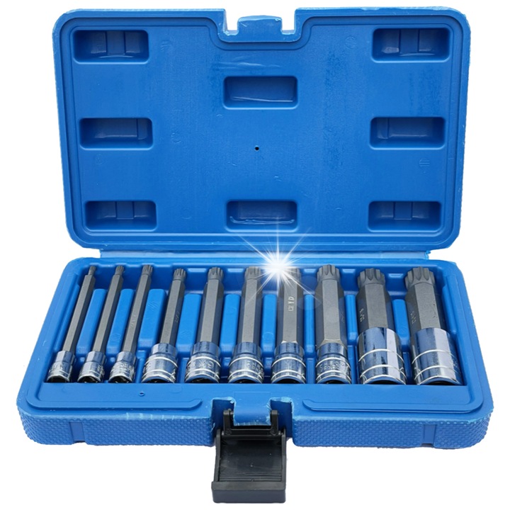 Set chei tubulare Spline Vorfal M4-M18, 10 elemente, lungi, din otel crom-vanadiu, cu cutie de transport