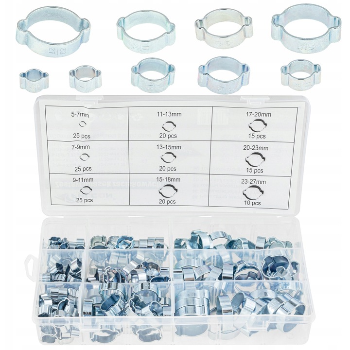 175 darab fém bilincs készlet fülekkel, 5-27 mm, horganyzott