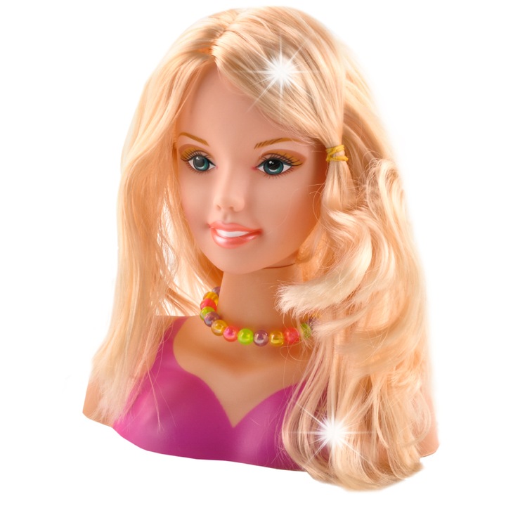 Cap de stilizare cu accesorii, Kruzzel, set cu pieptene, 8 agrafe colorate, 4 suvite colorate, 9,5x18,5x20cm