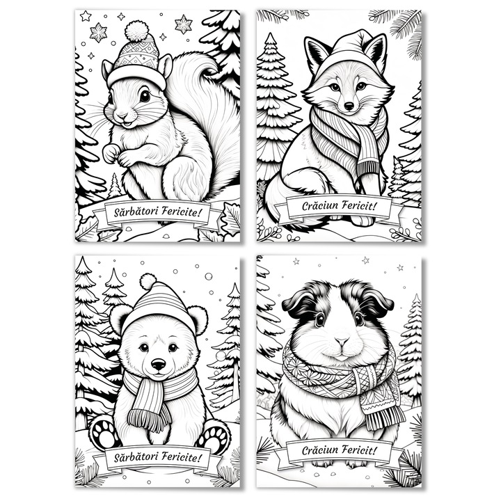 Set 4 Felicitari de Colorat, design de Craciun, Ilustratii cu Animale, 100x140 mm, cu Plicuri