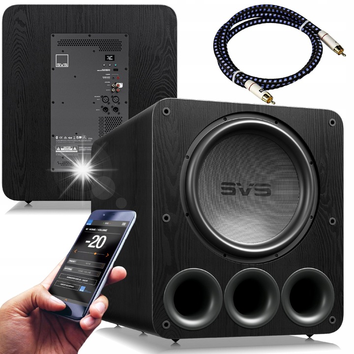 Subwoofer activ SVS PB-5000 R|Evolution, 15" (38,1 cm) driver, 2000W RMS/5000W varf, DSP 295 MHz, amplificator Dual Mono, bass-reflex cu 3 porturi, control prin aplicatie Bluetooth SVS Subwoofer Control, Black Ash, 595 x 520 x 727 mm