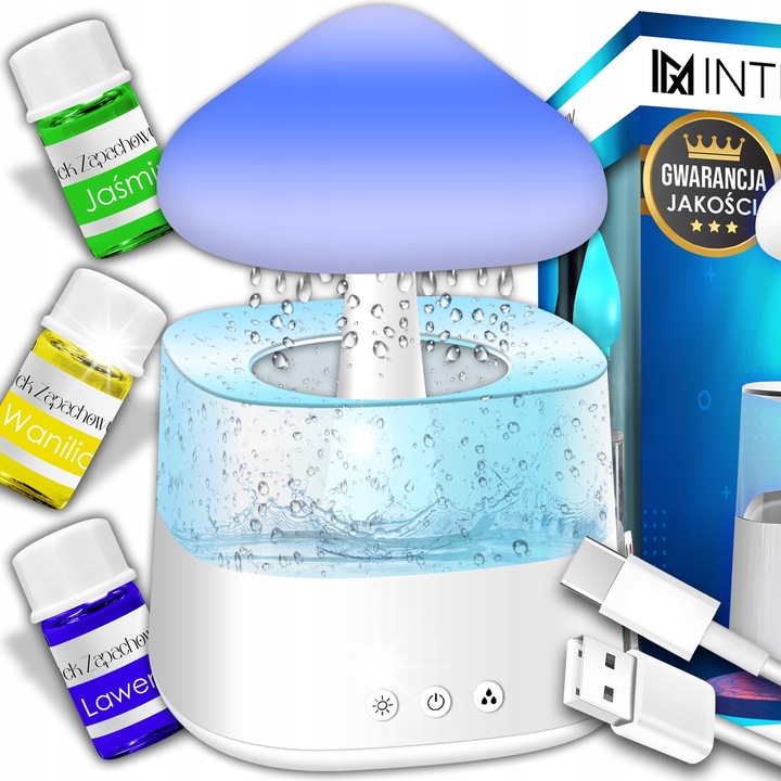 Овлажнител с ароматерапевтичен дифузер, нощна лампа, ефект на дъжд, 3 масла, многоцветен, комплект