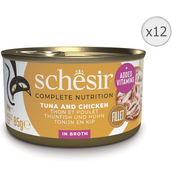 Hrana umeda pentru pisici Schesir, conserva, ton si pui in supa, 12x85g