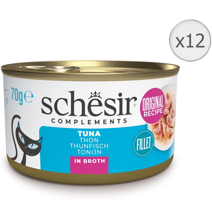 Hrana umeda pentru pisici Schesir, conserva, ton in supa, 12x70g