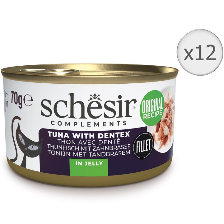 Hrana umeda pentru pisici Schesir, conserva, ton si peste in jelly, 12x70g