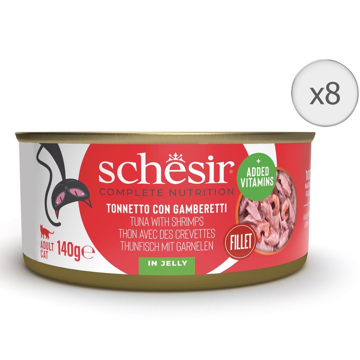 Hrana umeda pentru pisici Schesir, conserva, ton si creveti in jelly, 8x140g
