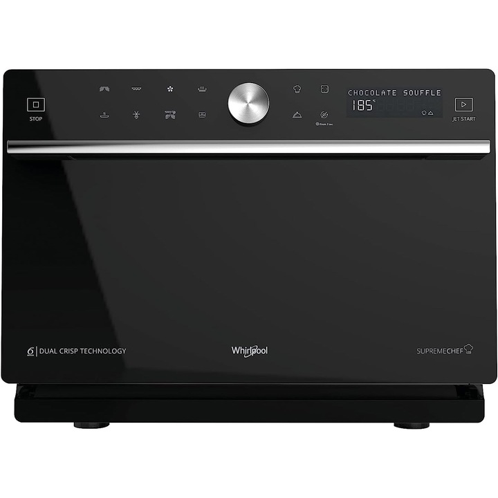 Cuptor cu microunde Whirlpool Supreme Chef MWSC 9133 SB cu gratar, 33l XXL, 1000W, afisaj LCD, CrispFry, 6Tth sense, Inox, Functie Grill, Gatire cu Abur, Curatare Automata, Negru