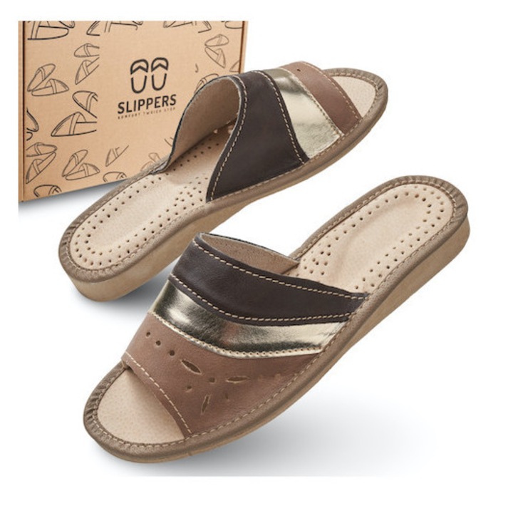 Slapi de dama, SLIP117, pentru casa, maro cu bareta aurie, confortabili, in cutie ecologica, Slippers, Maro, 38