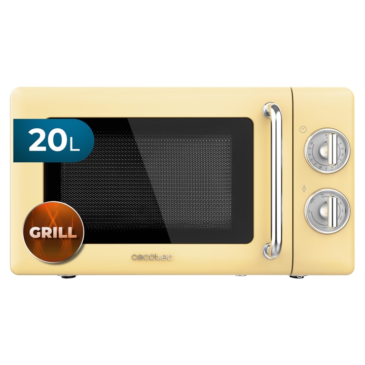 Cuptor Cu Microunde Cecotec Cu Gratar Proclean 3110 Retro Galben Mecanic, 700 W, 6 Niveluri De Putere, Cronometru Pana La 30 De Minute, Mod De Decongelare, Design Vintage In Galben, Finisaj Otel