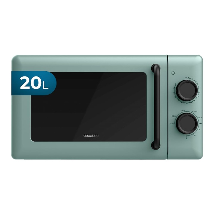 Cecotec Cuptor mecanic cu microunde cu gratar 20L Proclean 3110 Verde.700W pe 6 nivele si gratar de 800W, mod dezghetare, semnal de sfarsit a timpului de gatit, lumina interioara, cronometru de 30 de minute, design verde