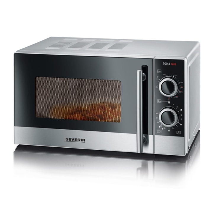 Severin 2 az 1-ben mikrohullámú sütő grill funkcióval, 700 W, Grill sütő 9 automatikus programmal, Mikrohullámú sütő grillezővel és forgótányérral, Ezüst-Fekete / Rozsdamentes acél, MW 7874