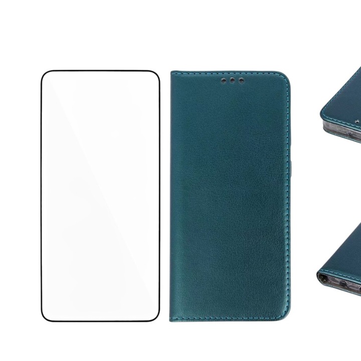 Védőtok Motorola Moto G06-hoz, Könyvtok és BIZTONSÁGI ÜVEG, Texturált ökobőr, Mágneses záródás, 2 kártyazseb, Zöld