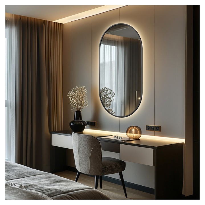 Oglinda ovala Alfaram, 50x90cm, sticla, montaj suspendat, iluminare LED