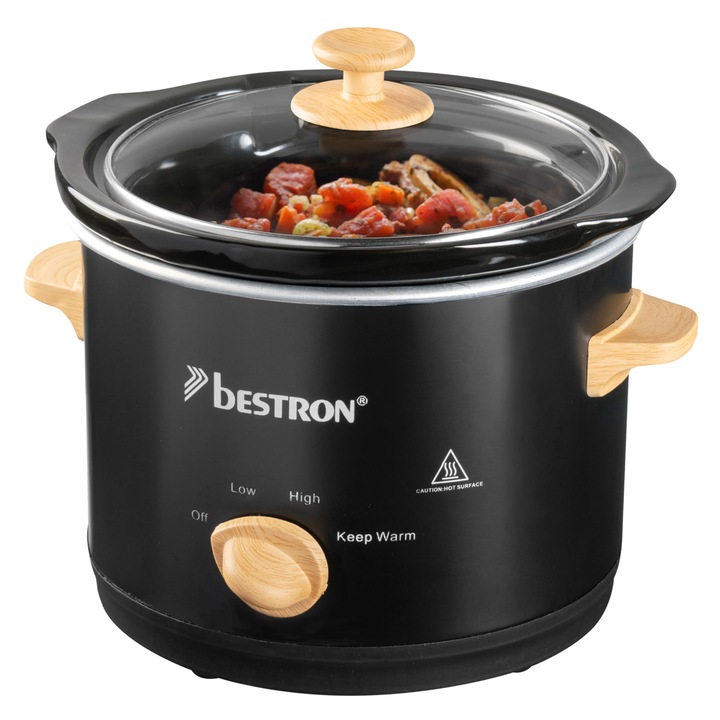 Мултикукър Bestron, 1.5 л, керамика, стъклен капак, черен/дърво