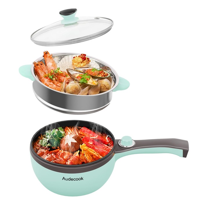 Audecook elektromos főzőedény, multifunkcionális, 1,5 literes, tapadásmentes, zöld, 20 cm