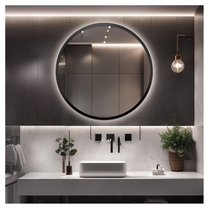 Oglinda rotunda cu iluminare, Alfaram, 80cm, 4mm grosime sticla, negru mat