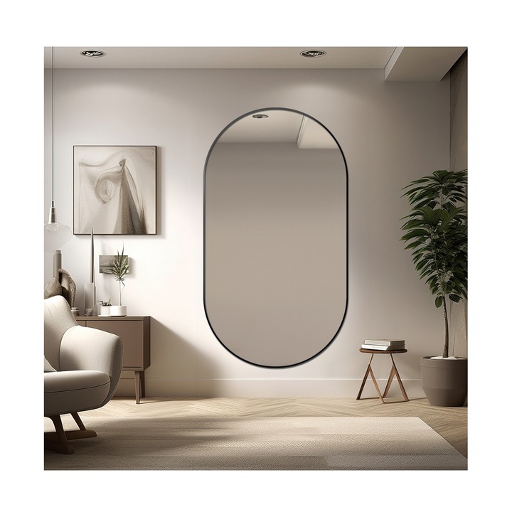 Oglinda ovala cu rama neagra din MDF SLIM - OLI - Alfaram, 80x160cm