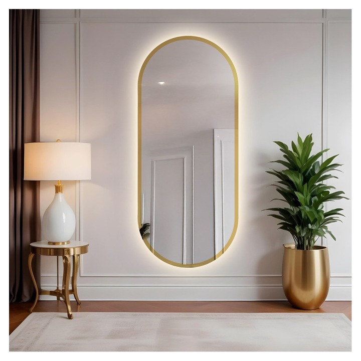 Oglinda ovala in rama aurie lucioasa cu iluminare - Bonita Led, Alfaram, 70x140cm