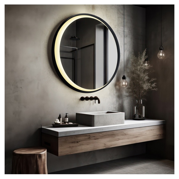 Oglinda rotunda in rama MDF neagra cu luna sablata LED – MIDNIGHT LED, Alfaram, 83 cm