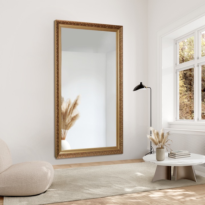 Dekoratív tükör tömörfa kerettel, Alfaram, téglalap alakú, ezüst, 80x180cm