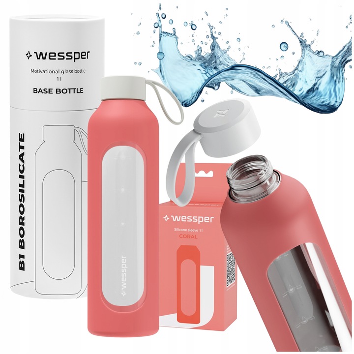 Sticla de apa sport, motivationala, sticla, Wessper B1 BOROSILICATE, 1000ml, roz, fara BPA + husa de protectie