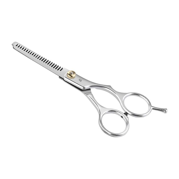 Foarfeca de filat pentru tuns parul, nivel incepator, ergonomica, din otel inoxidabil, argintie cu detalii aurii, 16x6 cm – precizie si confort pentru coafuri perfecte