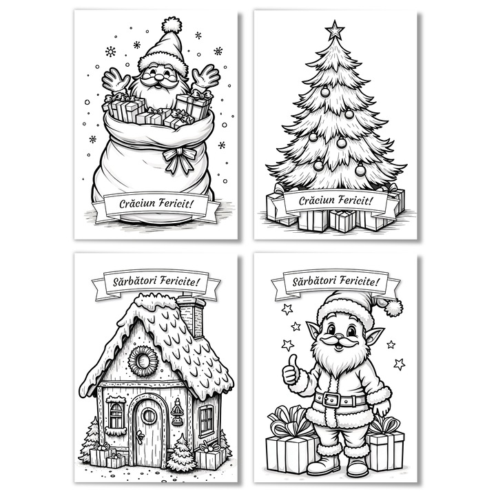 Set 4 Felicitari de Colorat de Craciun – duble, Cu plicuri, Ilustratii Sarbatori de Iarna, 100 x 140 mm