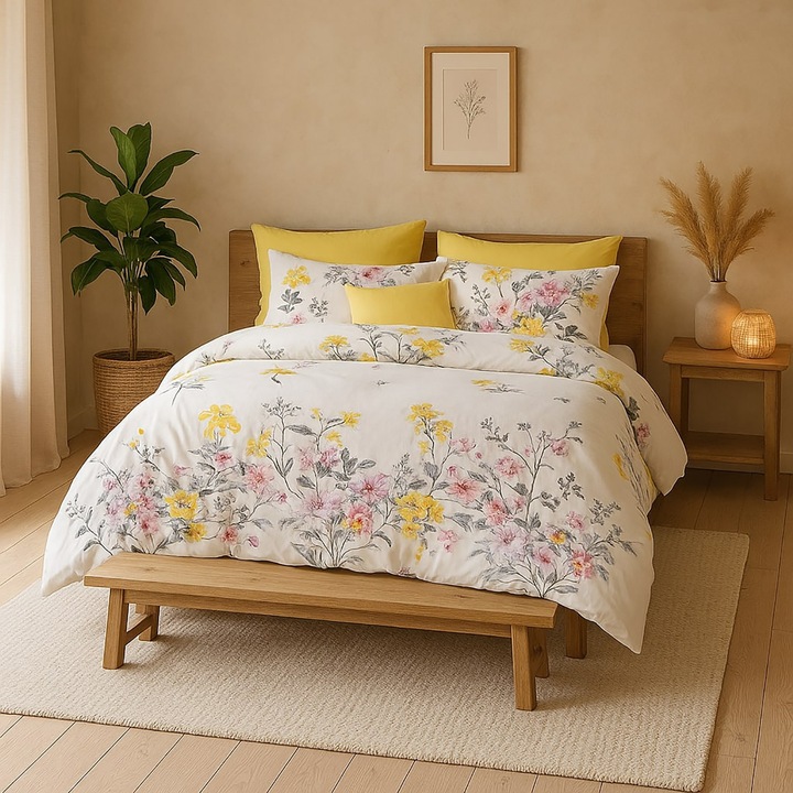 ELVO dupla ágynemű garnitúra 4 részes, lepedő 230x250 cm, paplan 200x230 cm, 2 párnahuzat 50x70 cm, Tavaszi virágok Sárga