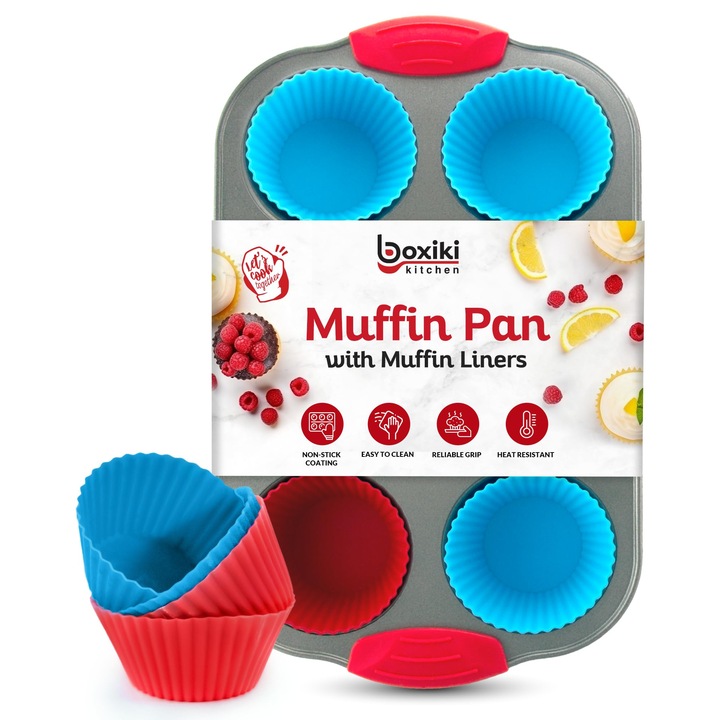 Muffin tepsi, Boxiki Kitchen, acél, 6 csésze, szilikon fogantyúkkal
