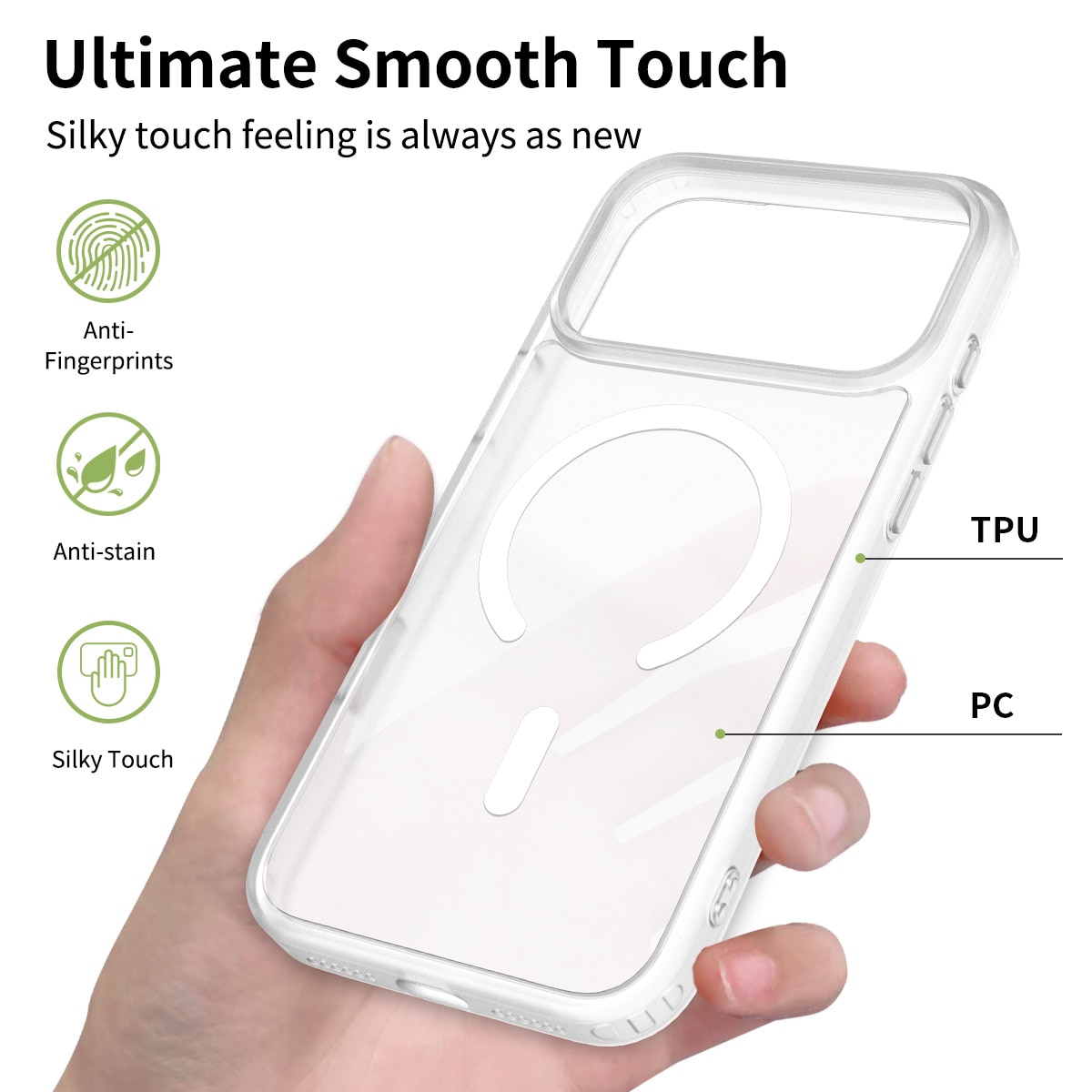 Husa de protectie pentru iPhone 17 Pro Max, Omelivon, MagSafe, Incarcare Wireless, Antisoc, Margini Ridicate pentru Protectia Ecranului si a Camerelor, Alb Transparent