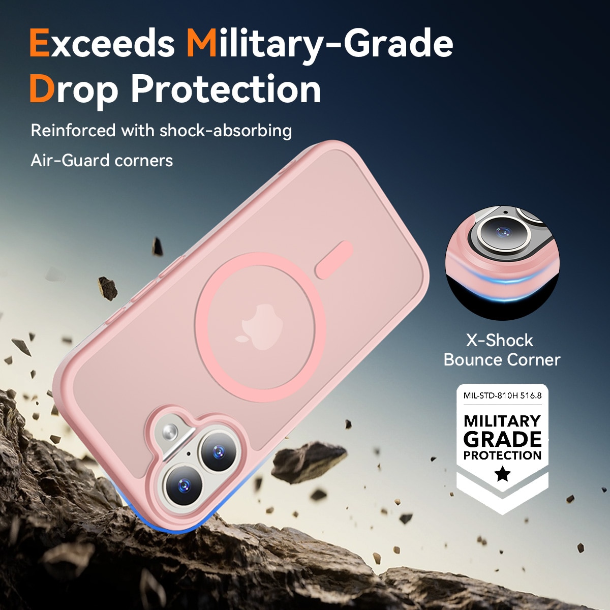 Husa de protectie pentru iPhone 17, Omelivon, MagSafe, Incarcare Wireless, Antisoc, Margini Ridicate pentru Protectia Ecranului si a Camerelor, Roz