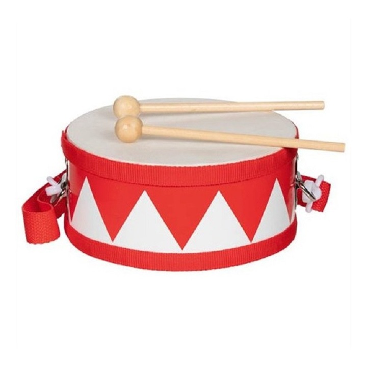 Tobă roșie Goki, set complet cu 2 bete din lemn, curea reglabilă, 15x7cm