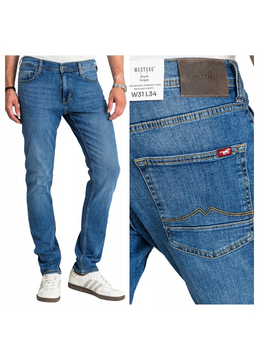 Blugi Barbati, Mustang, Vegas, Talie Medie, 100% Bumbac, Fermoar, Lungi, 5 Bunzuare, Albastru, Albastru
