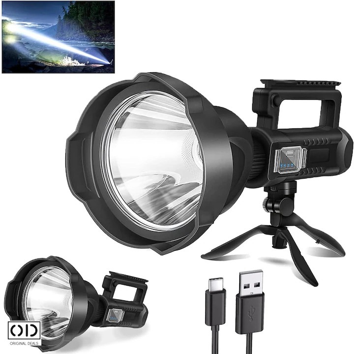 Nagyon Erős Lámpa 4 Világítási Móddal, Beépített 8800mAh Akkumulátorral és Külső Akkumulátor Funkcióval, IPX5 Vízvédelemmel, Méret 31 x 13 cm, Állvány Tartozék, Fekete, ORIGINAL DEALS