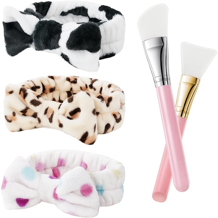 3 db SPA fejpánt és 2 db szilikon ecset maszkok felviteléhez, arctisztításhoz, sminkeléshez, bőrápoláshoz vagy smink eltávolításához, nedvszívó anyag - törölköző, Többszínű