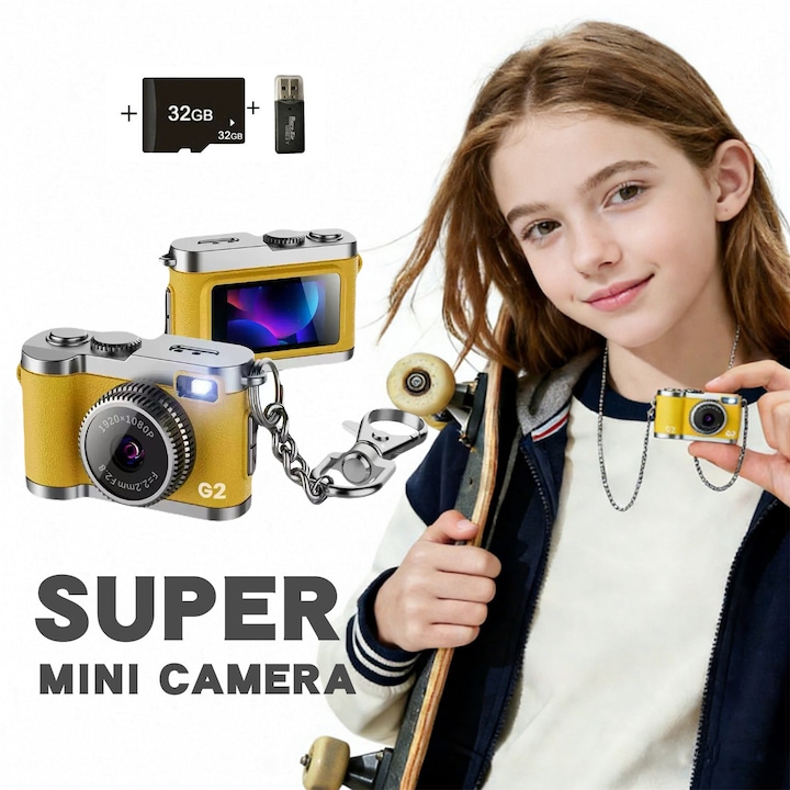 Camera compacta, rezolutie 1080P, 130° obiectiv HD, galben, set cu card de memorie de 32 GB si un cititor de carduri