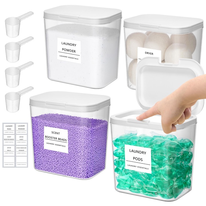 Recipient detergent rufe set 4 bucati, etichete si lingurite, plastic