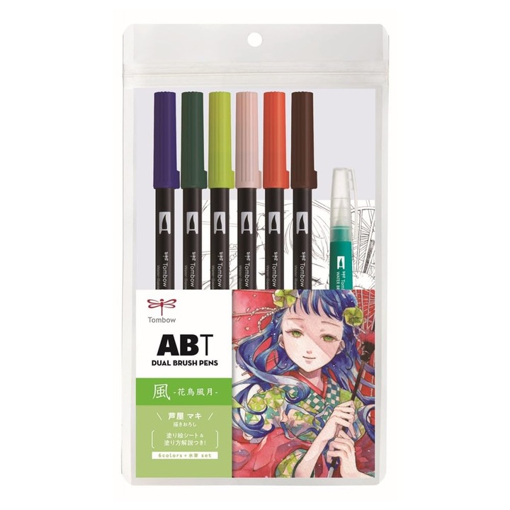 Комплект акварелни маркери Tombow Abt Manga, 6 броя, 2 четки, многоцветни