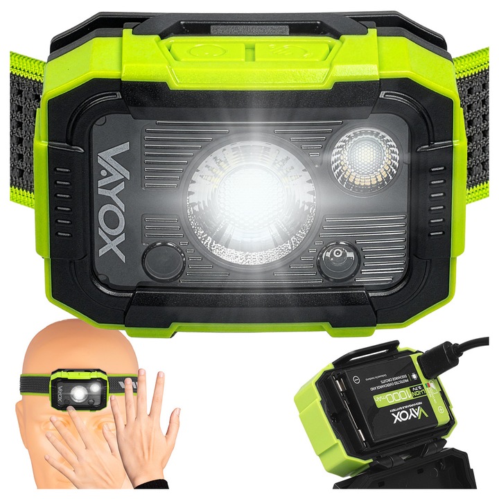 Vayox VA0415 LED fejlámpa, OSRAM P8 9W + SMD LED, 500lm, IP44, Li-ION 1000mAh, 15 óra üzemidő, 4 mód, Fekete/Zöld